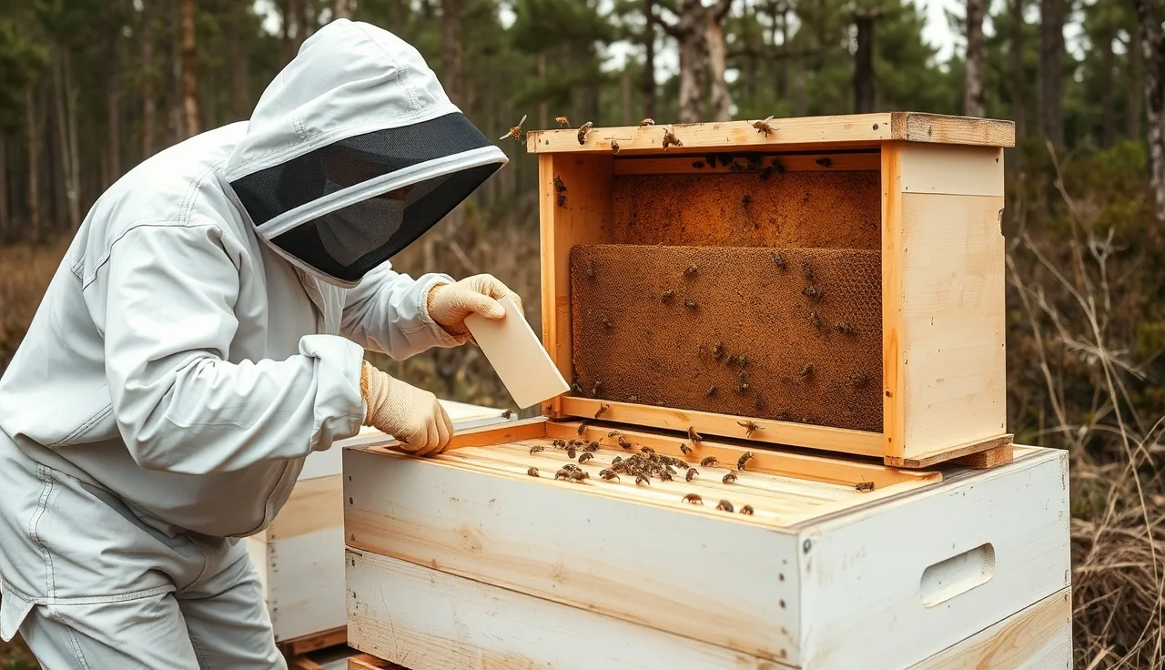 Beekeeper placing formic acid strips inside a Langstroth hive on a cloudy day
