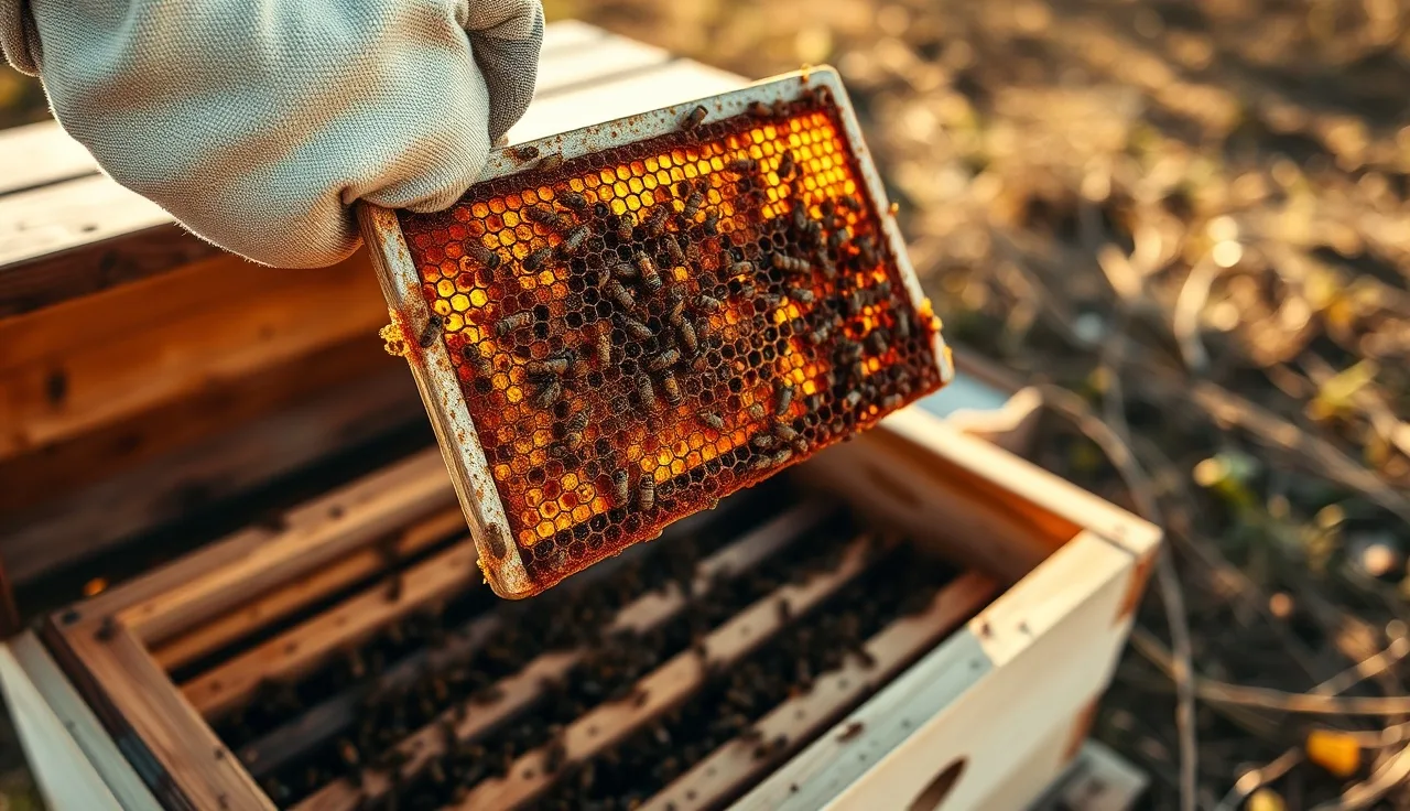 Beekeeper holding a propolis-filled mesh trap above an open hive box