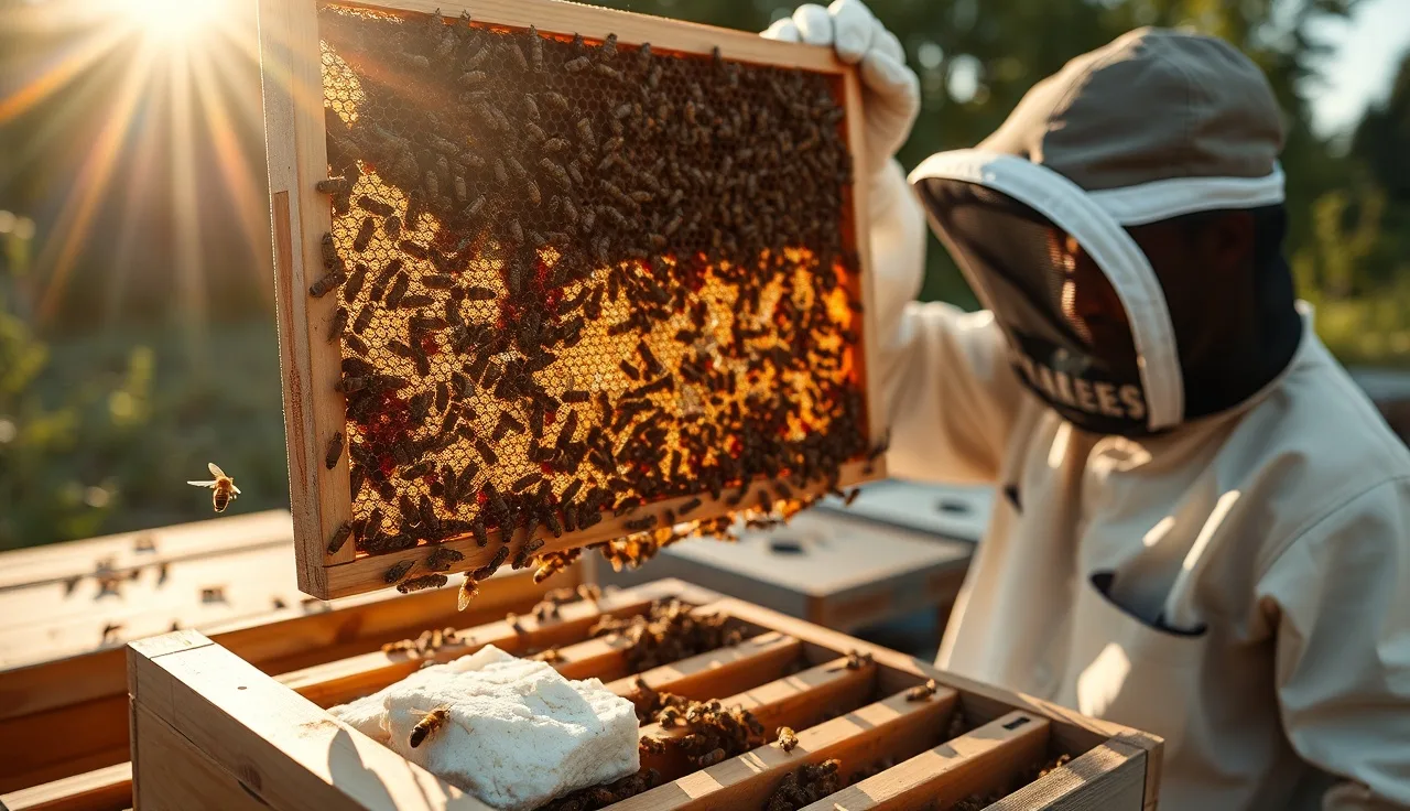 Beekeeper inspecting frame with protein patty feeding bees after varroa treatment