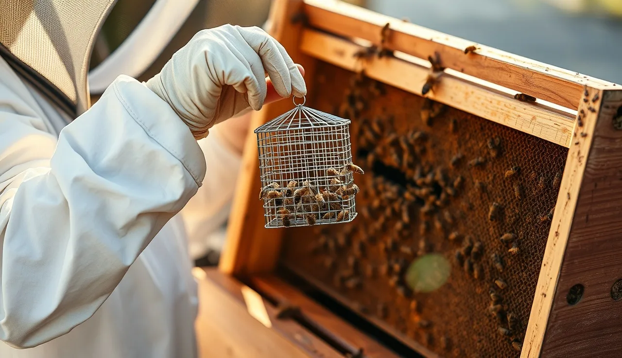 Beekeeper holding a wire queen cage above open hive frames during brood break