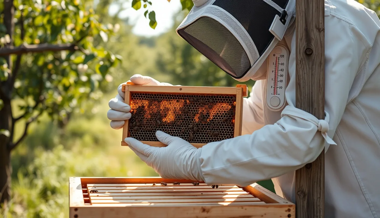 Beekeeper inspecting brood frame with formic acid strips visible on hive top bars