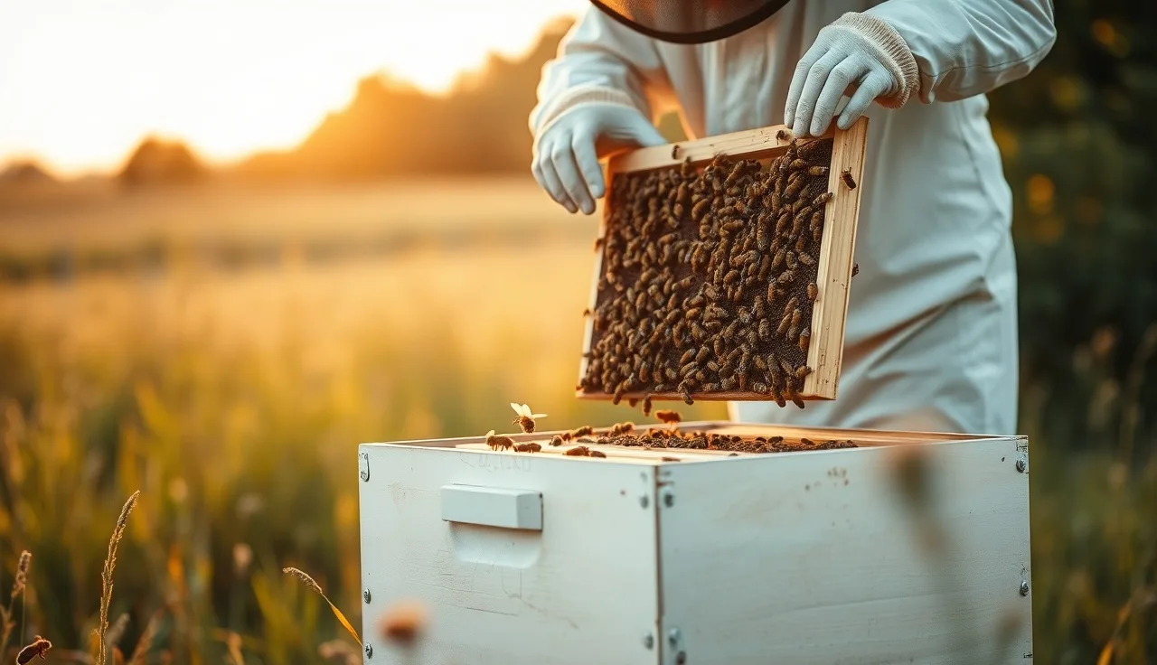 Beekeeper inspecting a brood frame during a varroa brood break in summer