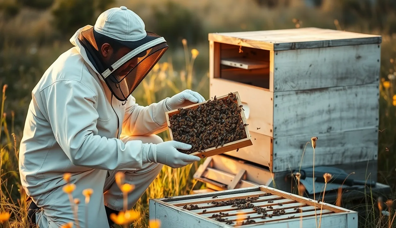 Beekeeper inspecting a brood frame for varroa mites in a sunlit meadow