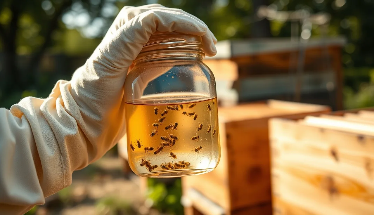Beekeeper performing alcohol wash to count varroa mites in jar