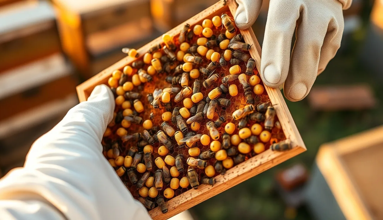 Beekeeper holding brood frame with pale recapped cells visible among darker cappings