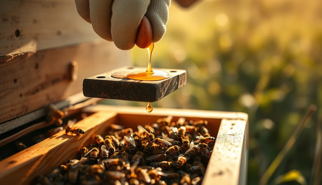 Beekeeper refilling a top feeder with sugar syrup above a weak recovering colony