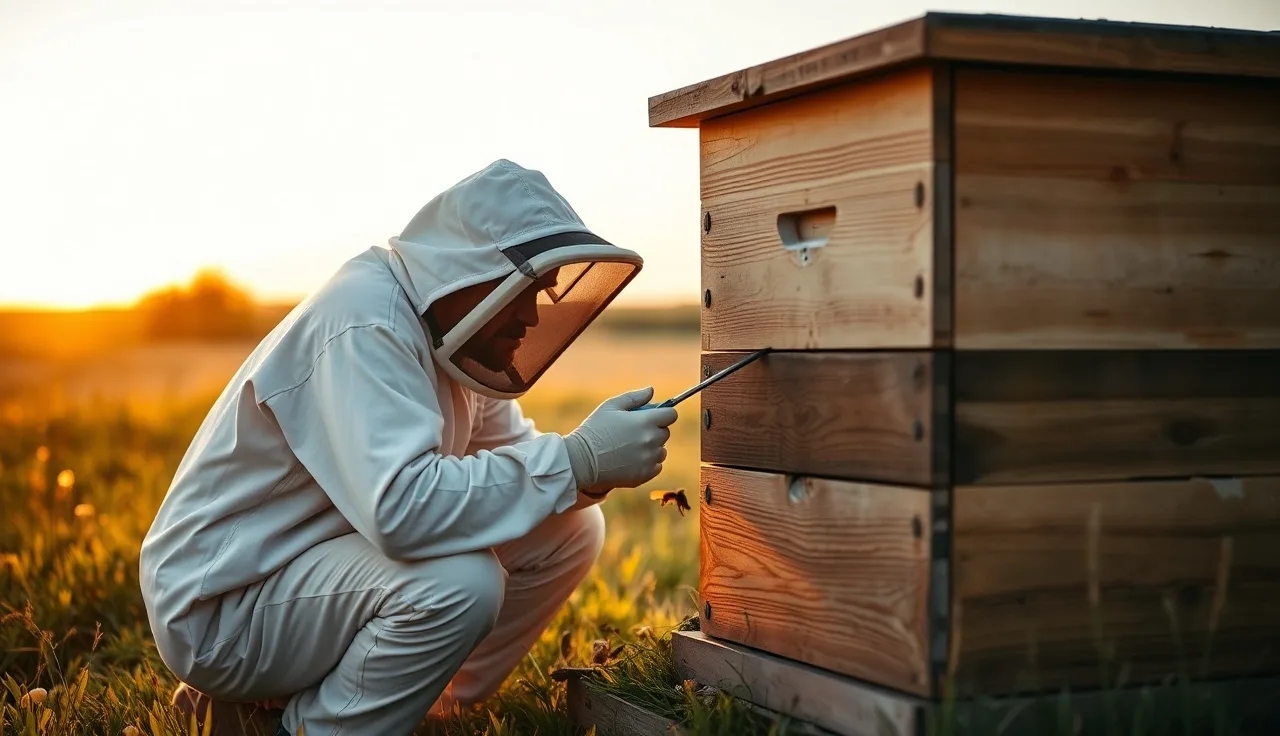 Beekeeper using oxalic acid vaporizer at hive entrance during late summer treatment