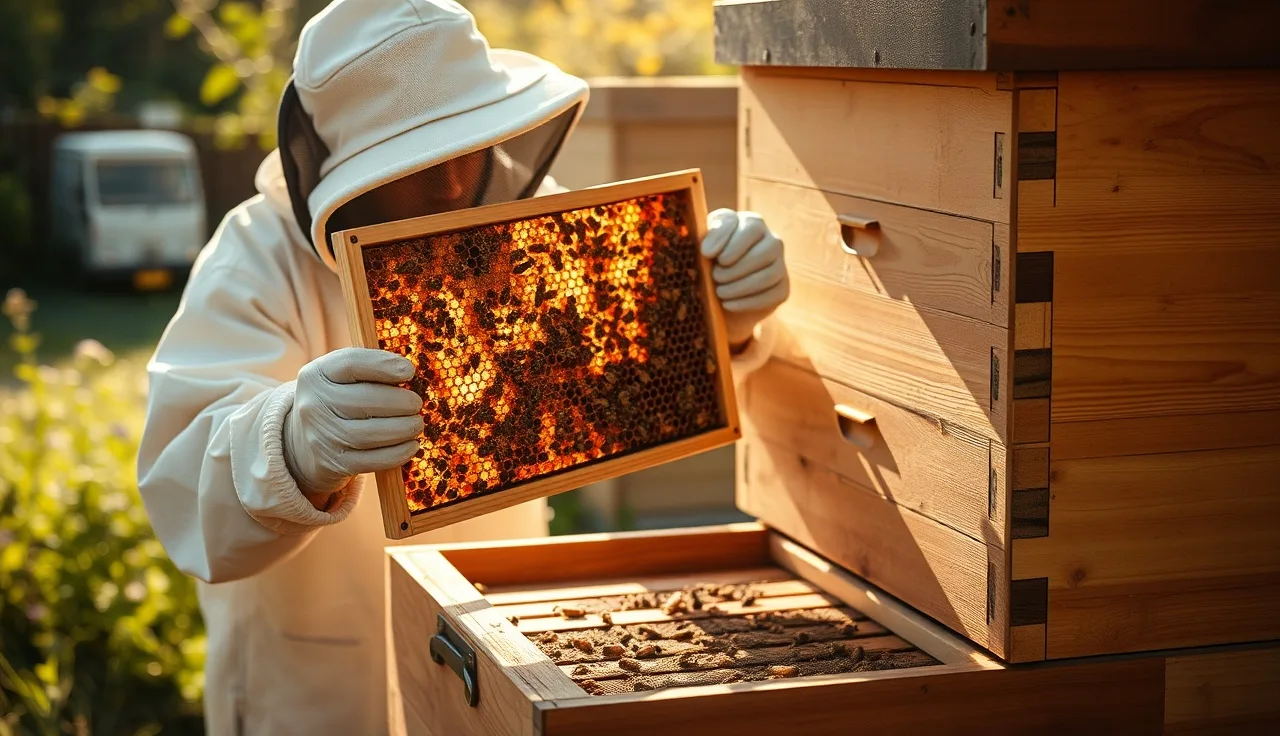 Beekeeper inspecting old dark brood comb removed from Langstroth hive
