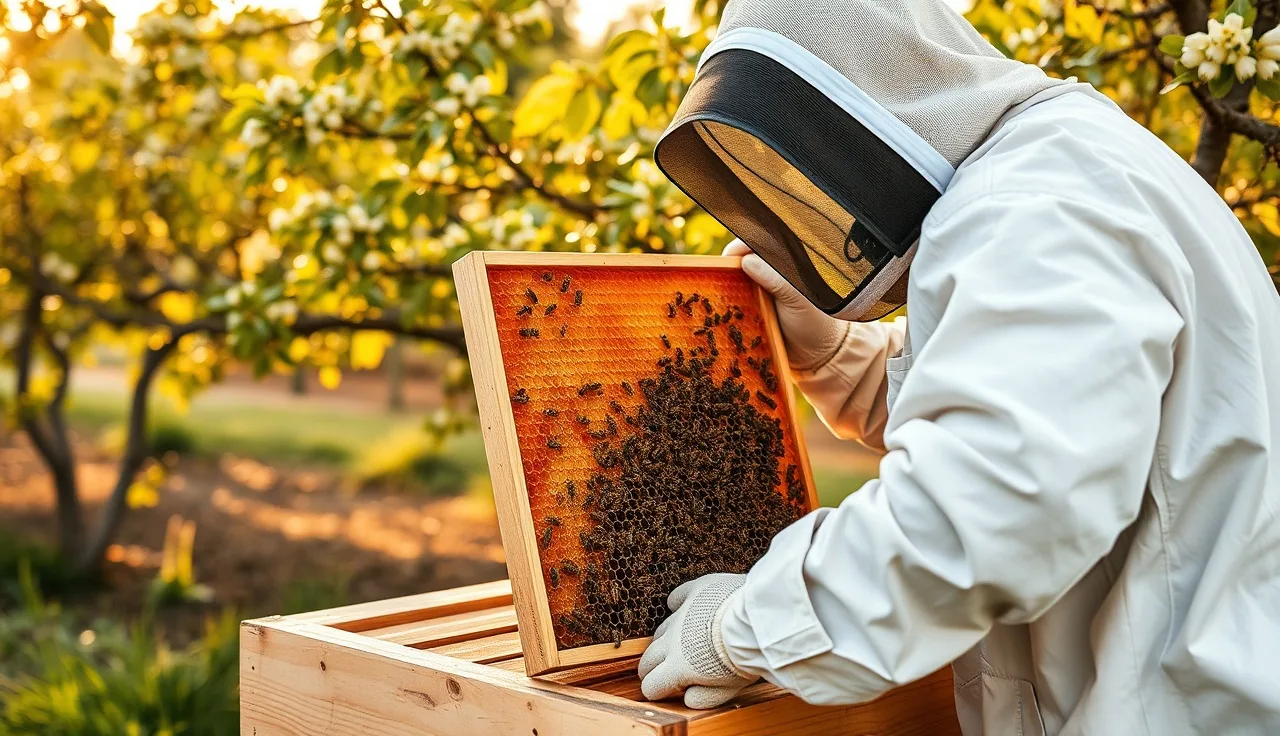 Beekeeper inspecting a honeycomb frame during a late-summer varroa management session