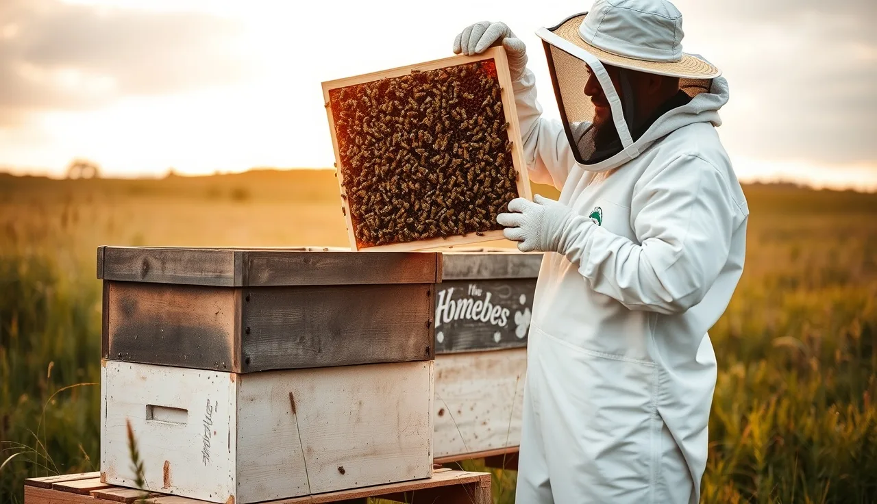 Beekeeper inspecting a brood frame covered in honeybees during hive requeening