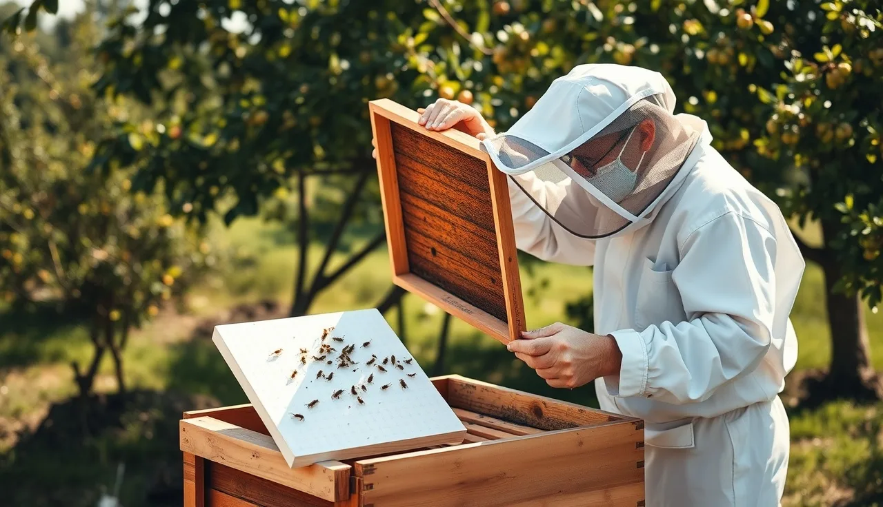 Beekeeper examining a sticky board for varroa mites next to an open hive
