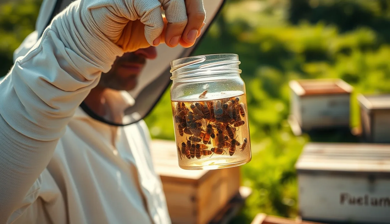 Beekeeper examining an alcohol wash jar for varroa mites near open hive boxes