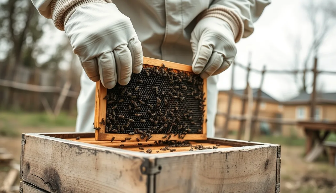 Beekeeper inspecting dark empty brood frames from a varroa-collapsed deadout hive