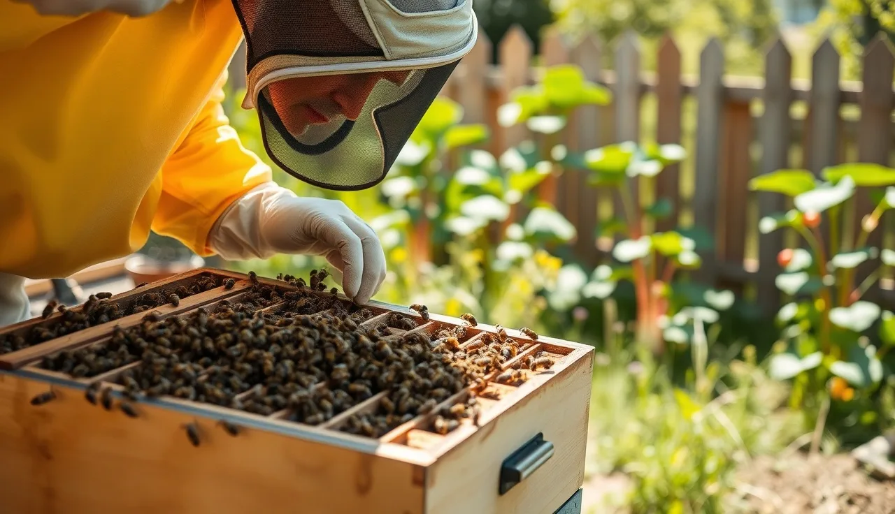 Beekeeper inspecting hive frame with rhubarb plants growing nearby in garden