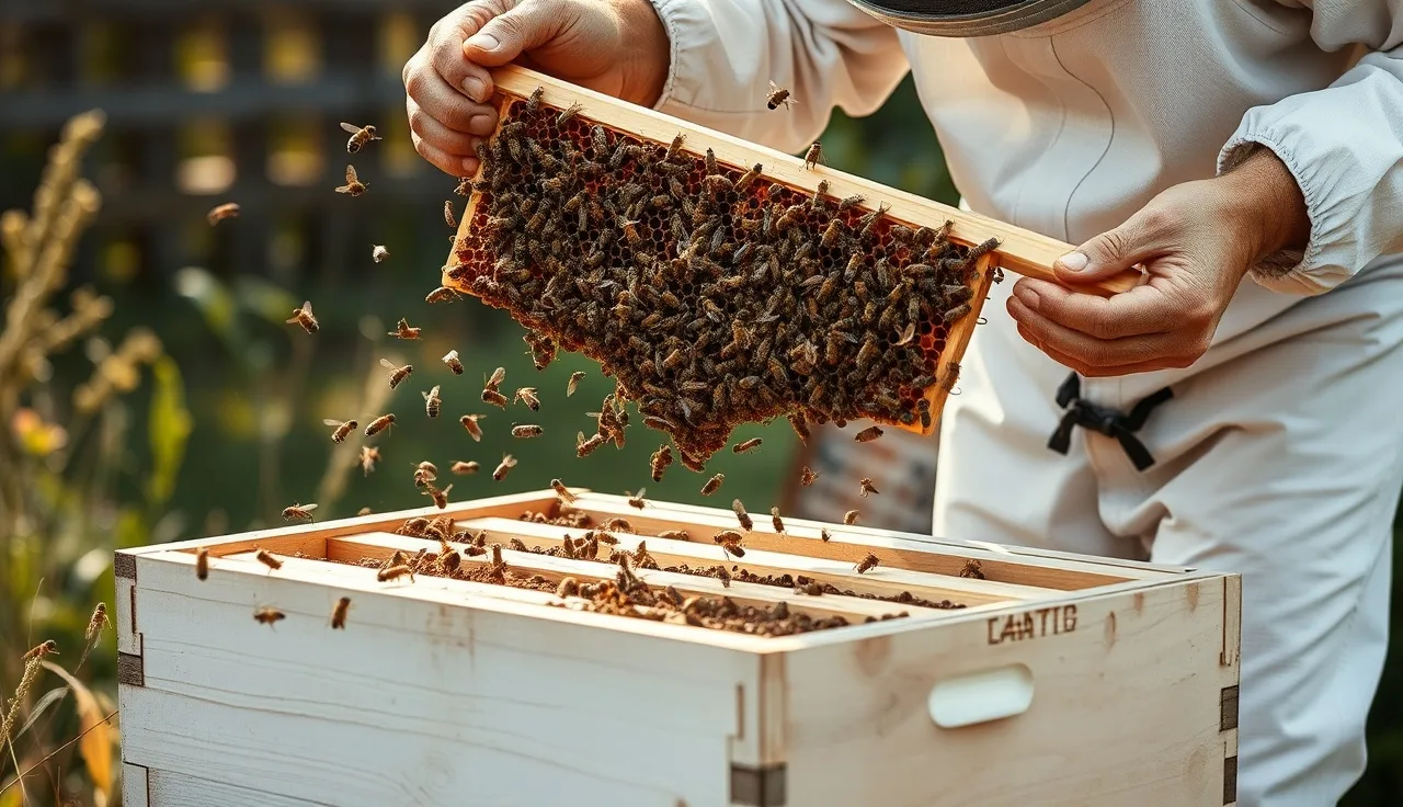 Beekeeper shaking a brood frame into a new hive box during a shook swarm operation