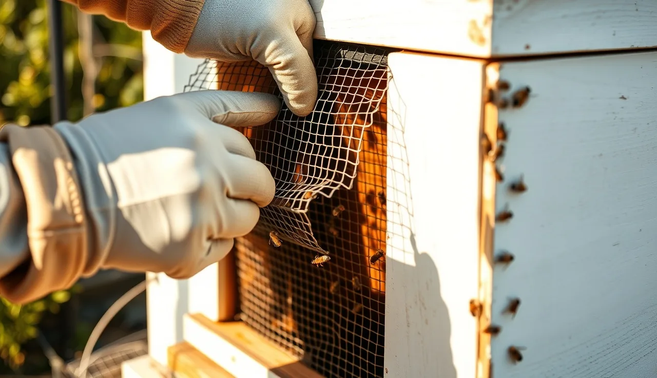 Beekeeper installing a wire mesh robber screen on a Langstroth hive entrance