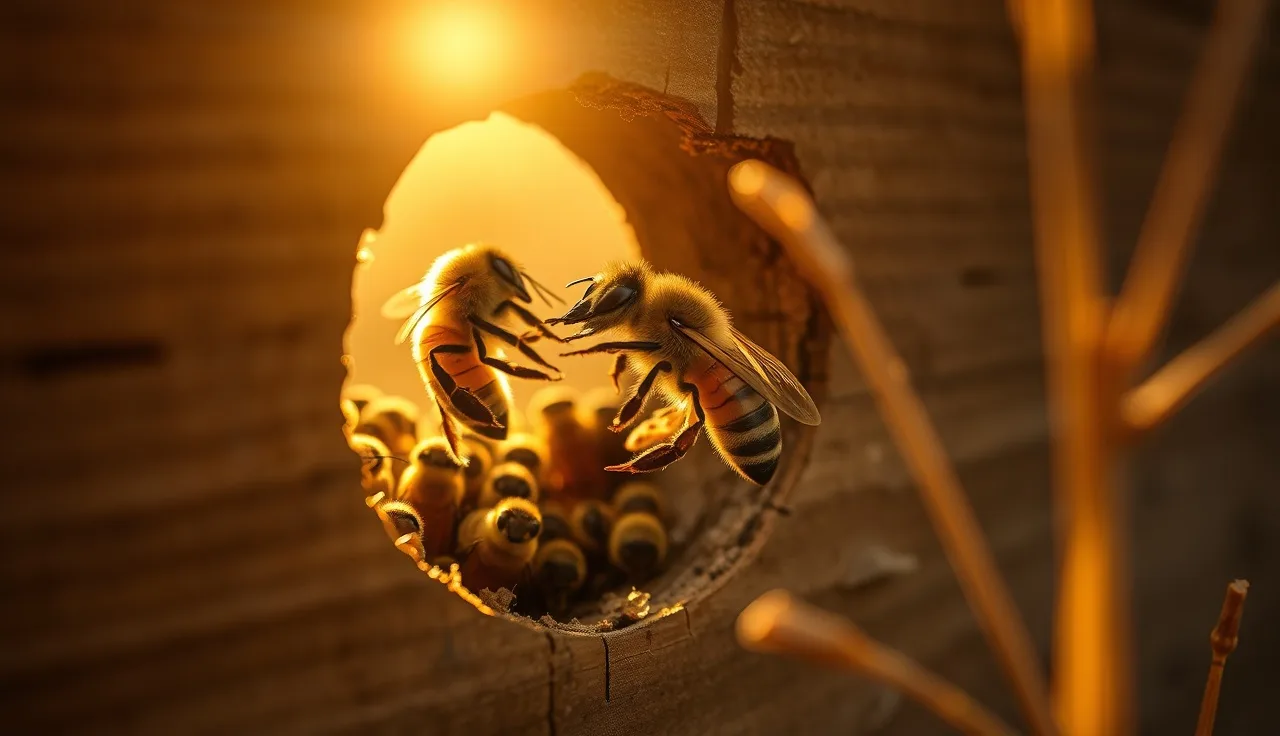 Two honey bees fighting at a wooden hive entrance during a robbing event