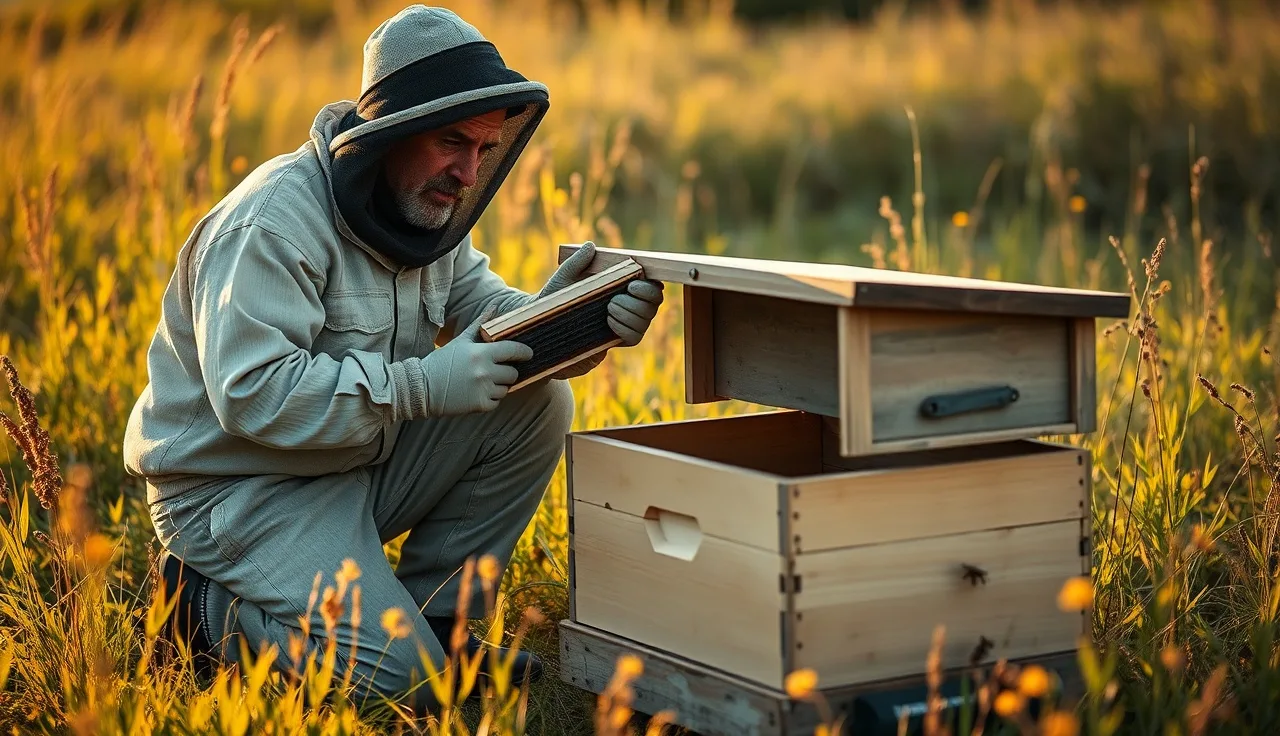 Beekeeper applying varroa mite treatment strips inside an open hive box outdoors