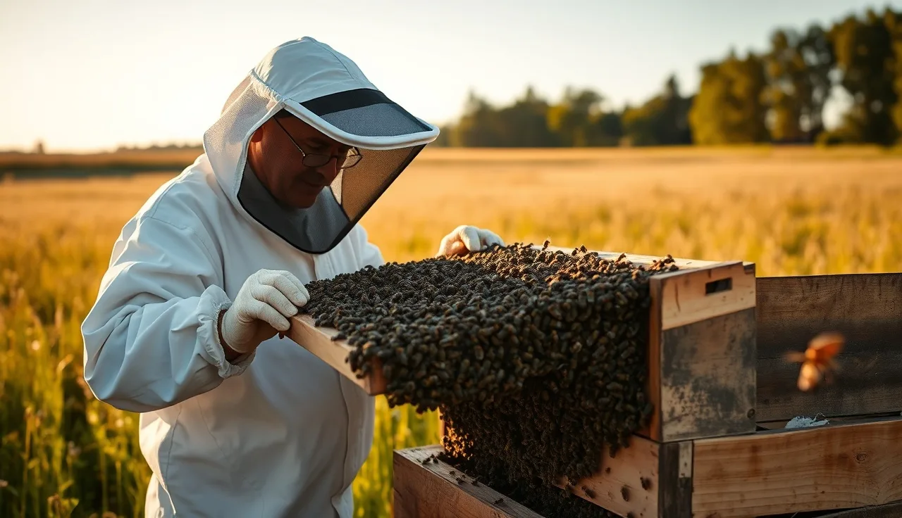Beekeeper inspecting a frame of Russian honeybees in a summer meadow