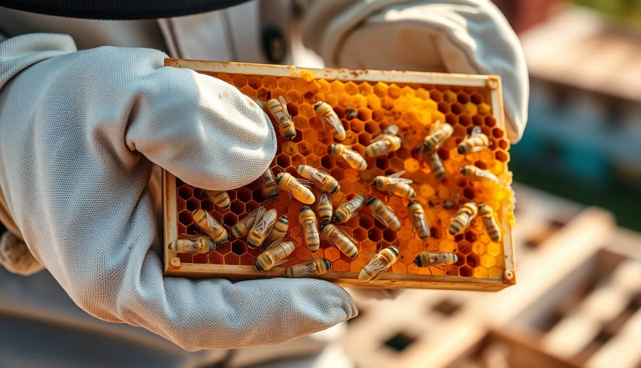 Gloved hand holding a brood frame with discolored larvae in honeycomb cells