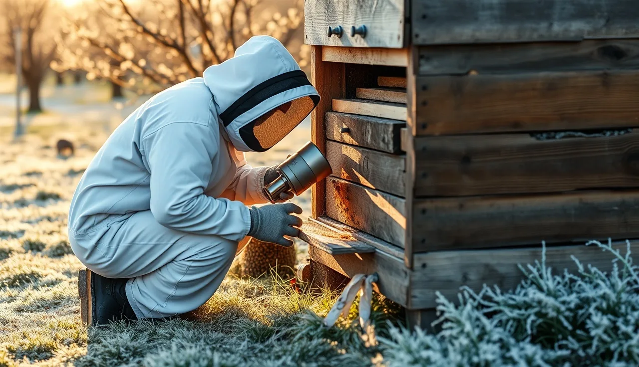 Beekeeper inserting oxalic acid vaporizer into hive entrance on frosty winter morning