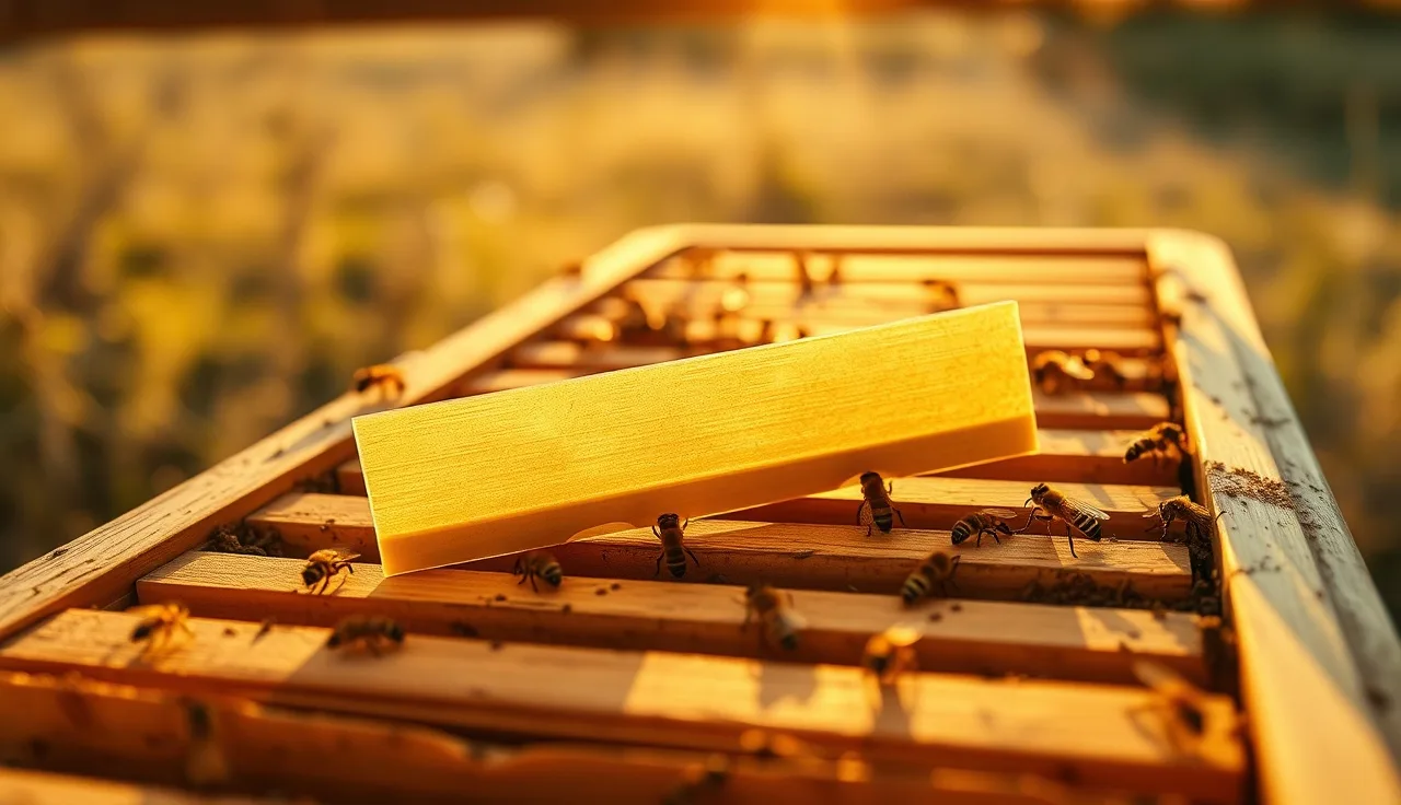 Two Apivar treatment strips lying across wooden frames inside an open beehive