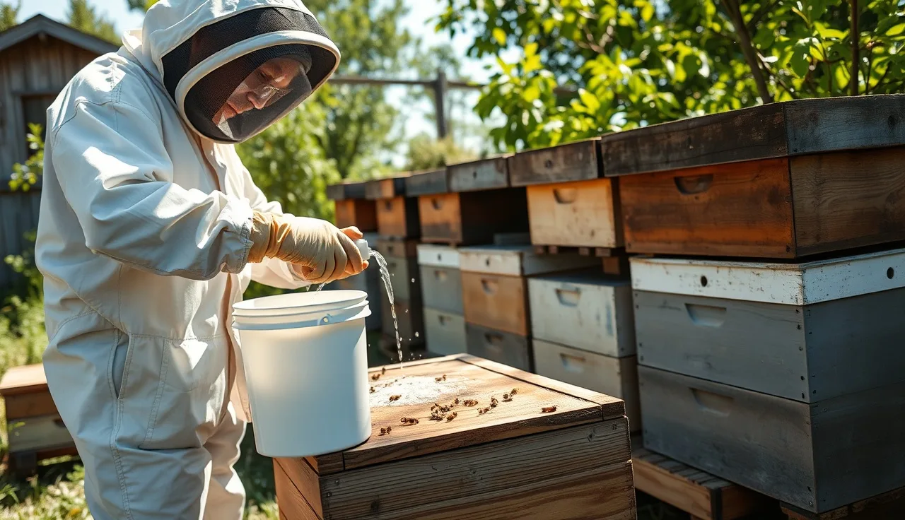 Beekeeper performing an alcohol mite wash beside open beehive boxes in summer