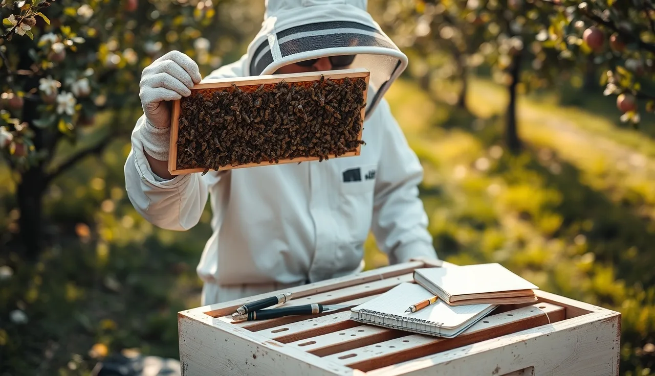 Beekeeper inspecting a brood frame in an orchard apiary during early spring