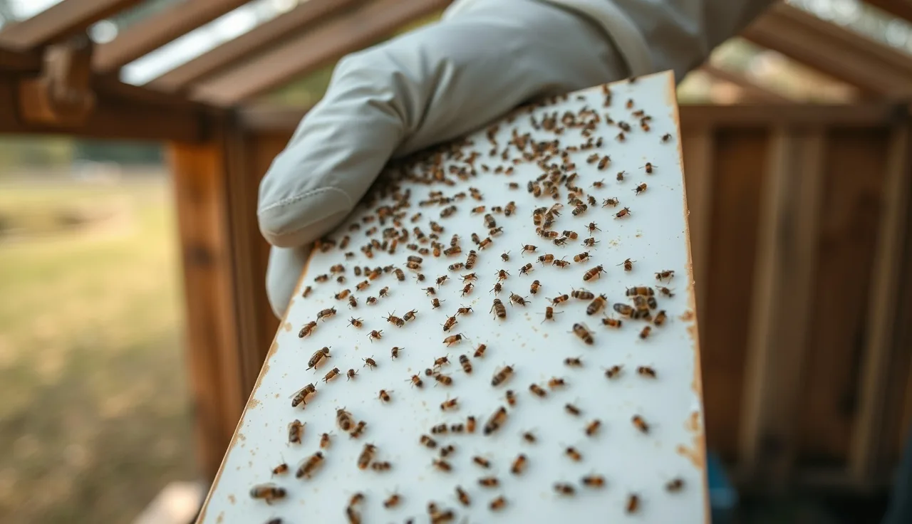 Beekeeper inspecting a sticky board showing varroa mites with visible leg damage