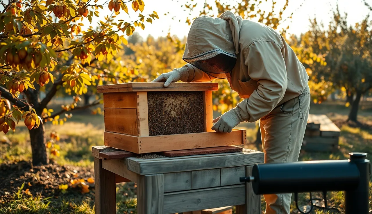 Beekeeper inspecting a hive in a September backyard orchard for varroa mites