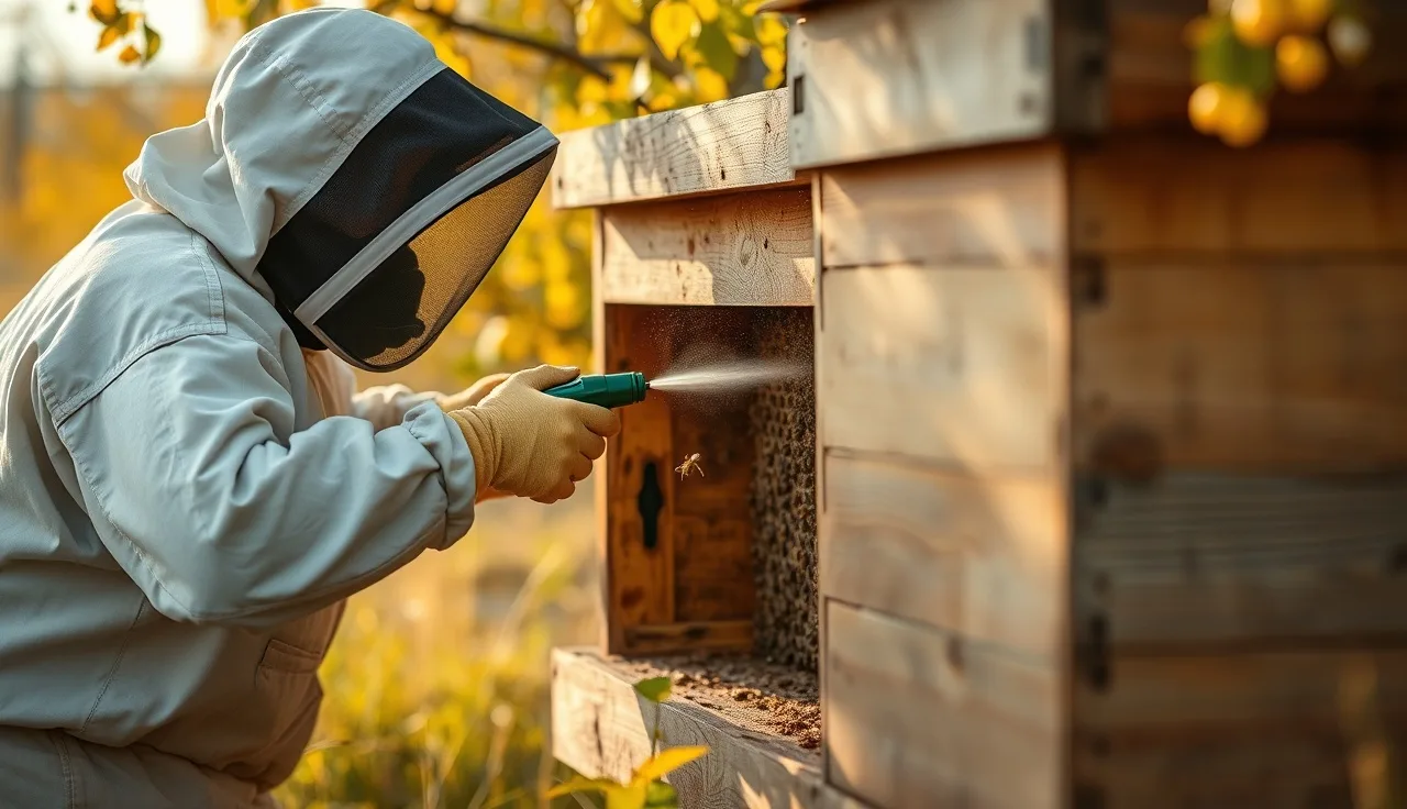 Beekeeper applying oxalic acid vaporizer to beehive during sequential varroa treatment