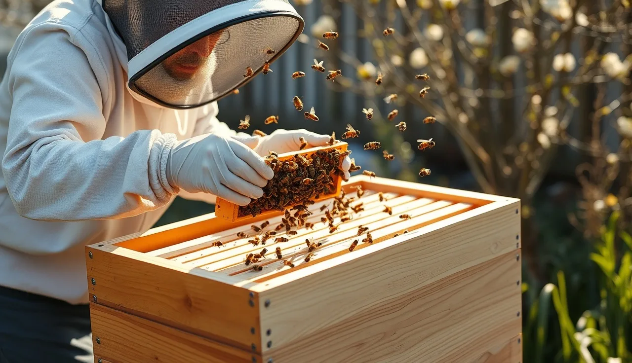 Beekeeper shaking bees from a brood frame into a clean hive box during a shook swarm operation