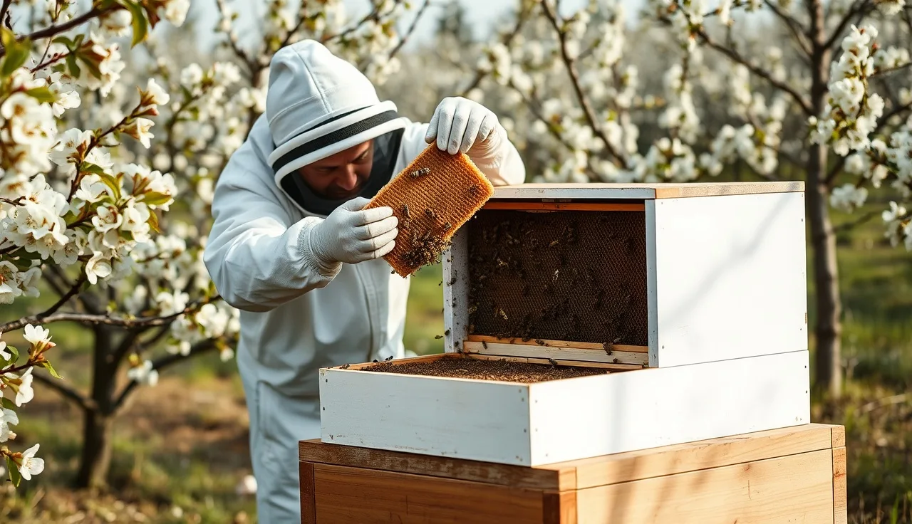 Beekeeper shaking bees from brood frame into new hive box during spring shook swarm procedure