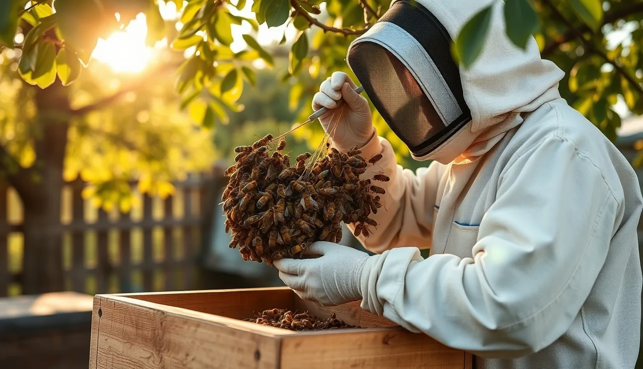 Beekeeper transferring a feral swarm cluster into a wooden nuc box outdoors
