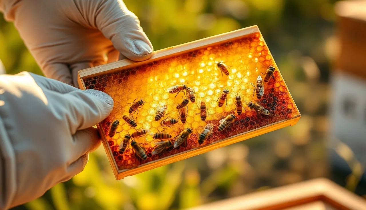 Gloved hand holding brood frame with bees showing varroa inspection