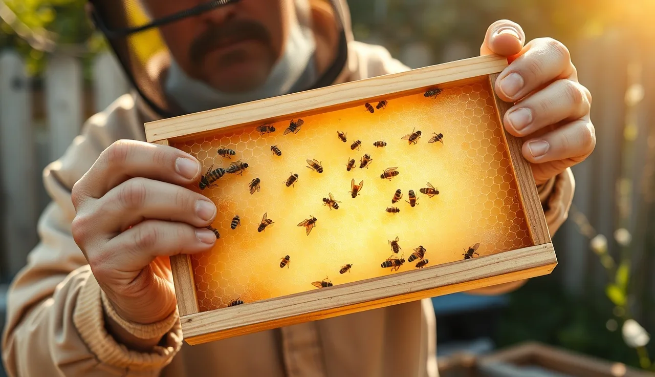 Beekeeper examining drawn honeycomb frame outdoors while bees cover the surface