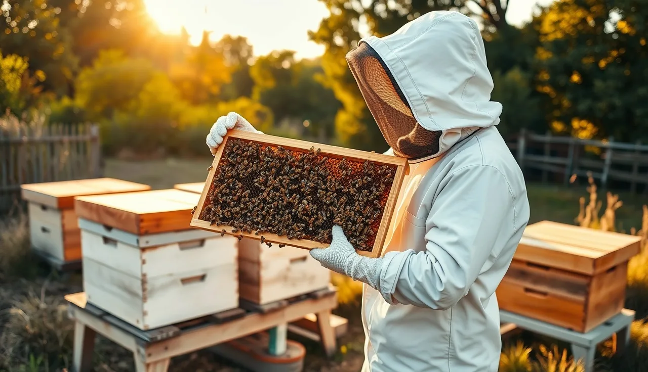 Beekeeper inspecting a honey bee frame in a late-summer backyard apiary