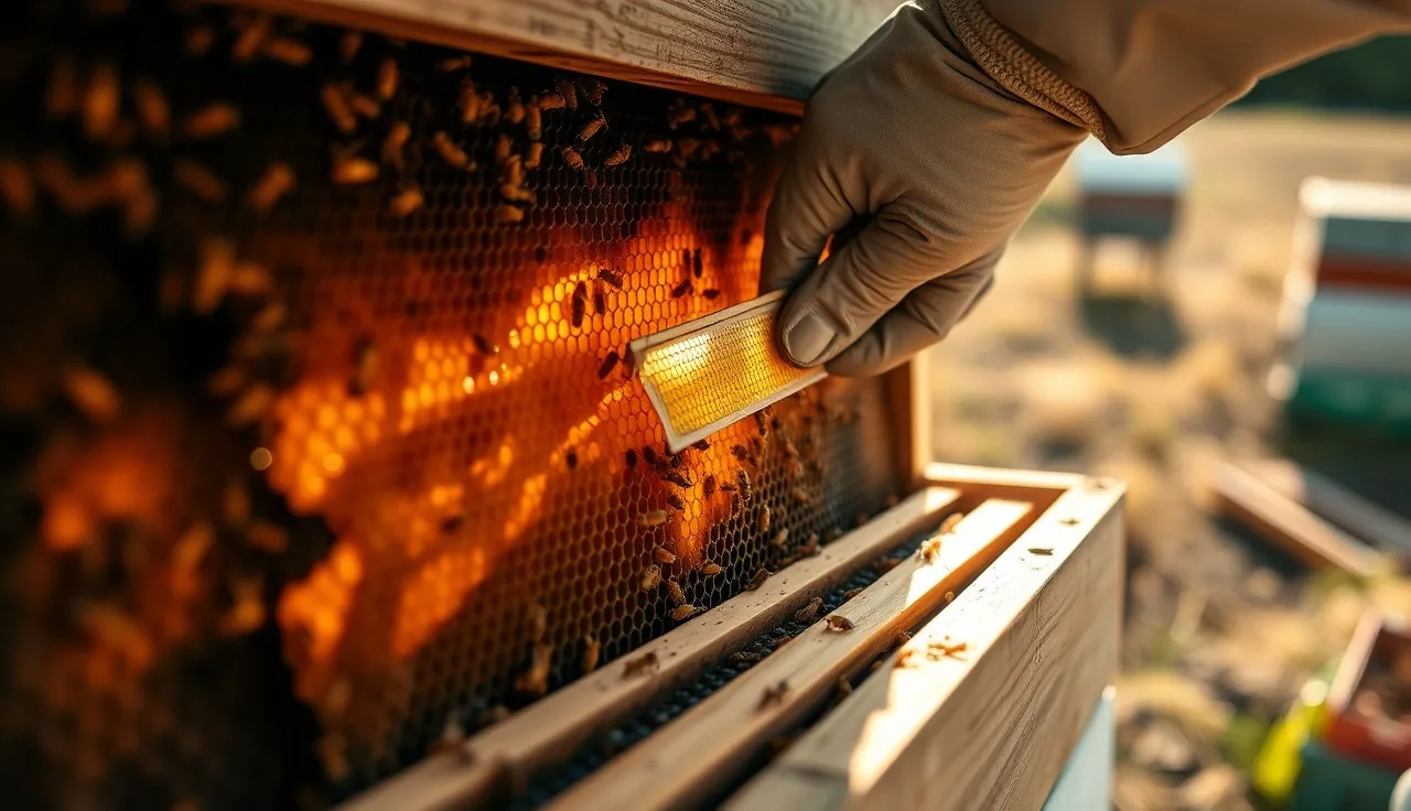 Beekeeper inserting a varroa treatment strip between frames in an open hive