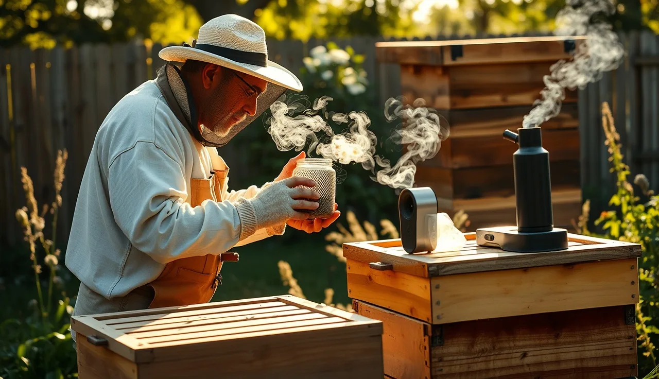 Solo beekeeper performing alcohol wash mite test on a hive in afternoon sun