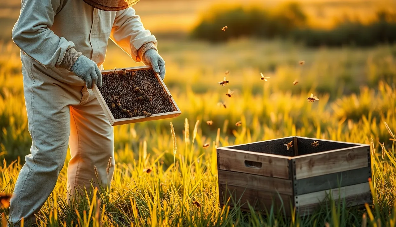 Beekeeper splitting a hive by transferring brood frame into a second box outdoors