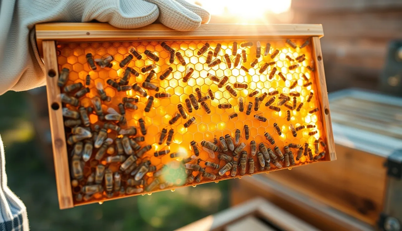 Beekeeper inspecting spotty brood frame with scattered empty cells in sunlight
