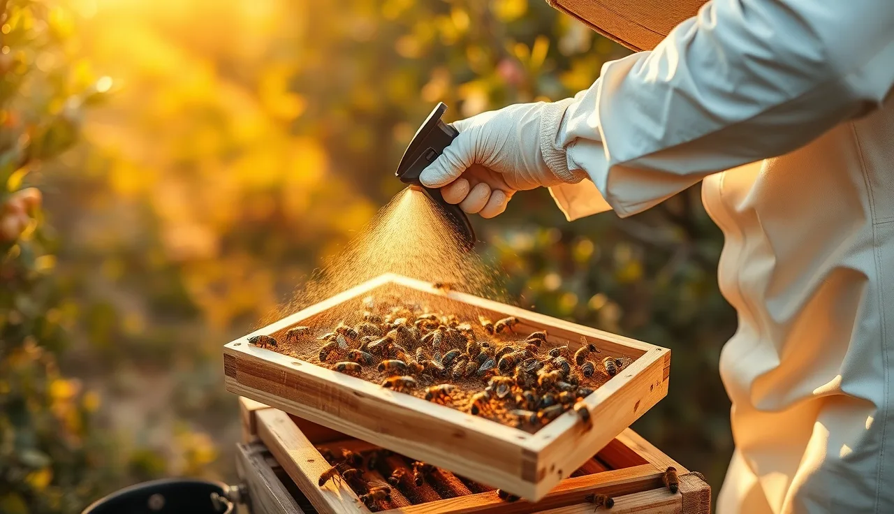 Beekeeper spraying oxalic acid solution onto bees on a frame pulled from a hive