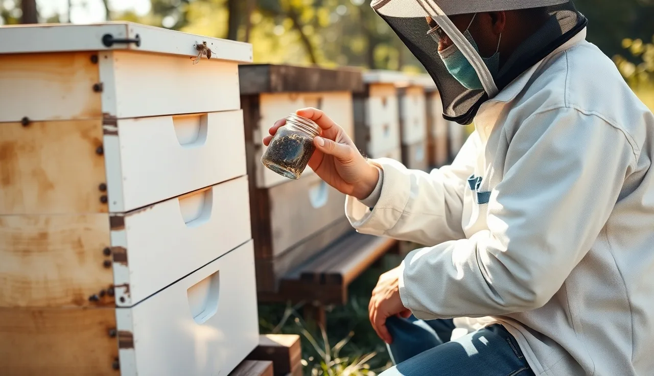 Beekeeper examining an alcohol wash jar at a backyard apiary to count varroa mites