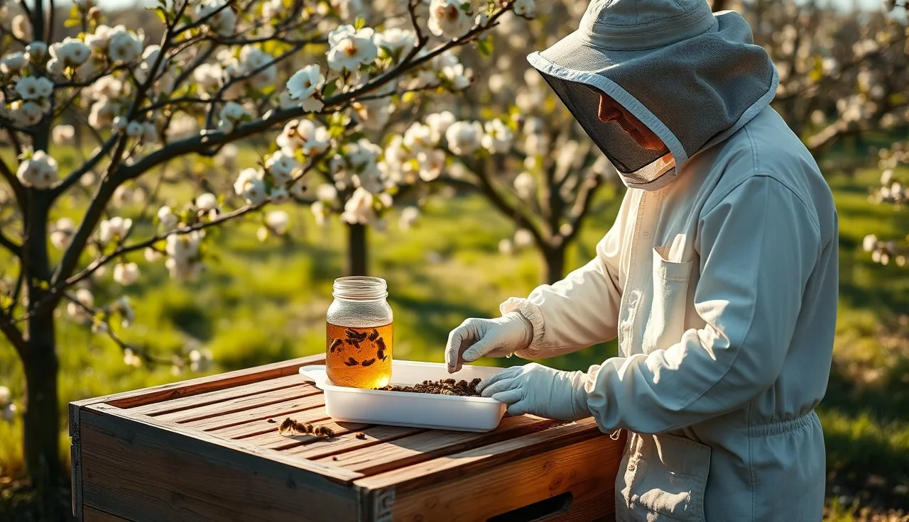 Beekeeper counting varroa mites in alcohol wash jar at spring hive inspection
