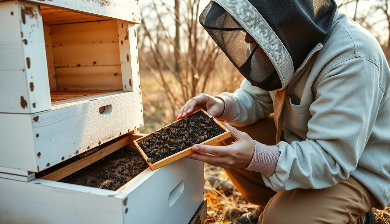 Beekeeper examining a deadout hive frame with dead bee cluster in spring