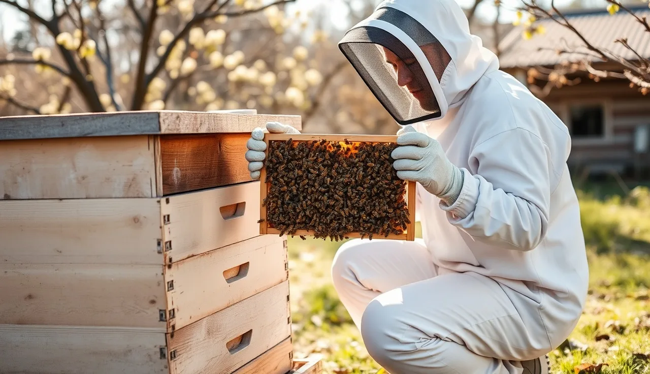 Beekeeper holding brood frame during spring hive inspection in orchard