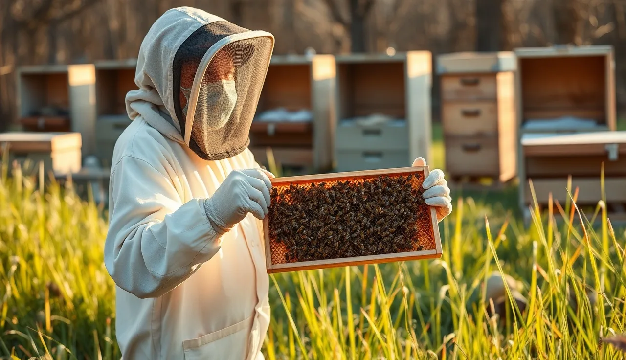 Beekeeper inspecting a brood frame for varroa mites in early spring sunlight