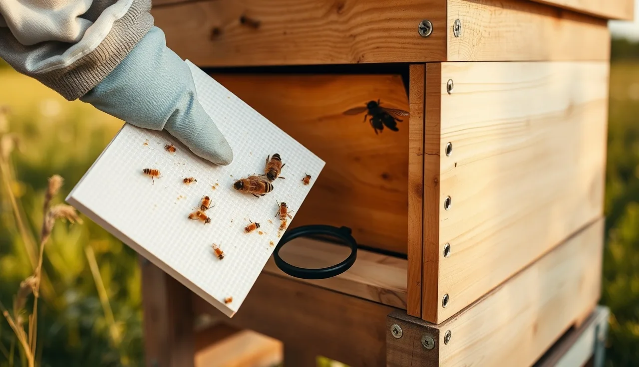 Beekeeper sliding sticky board from hive to count varroa mite fall