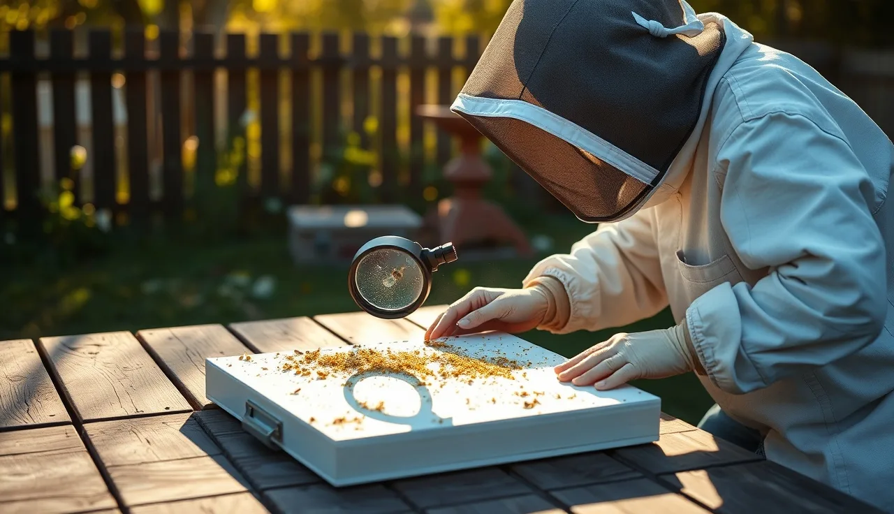 Beekeeper examining a white sticky board with a magnifying loupe on a wooden table