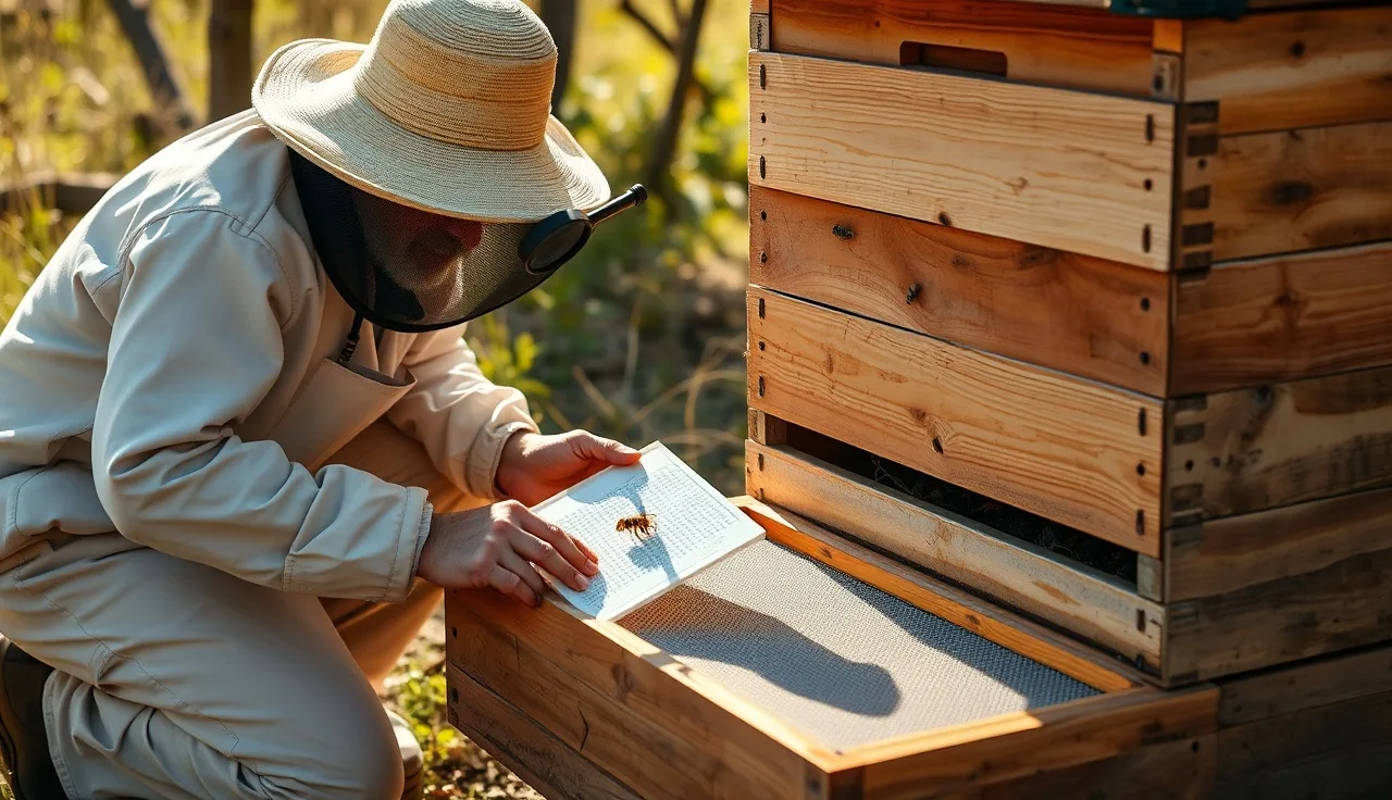 Beekeeper examining a sticky board for varroa mite count beneath a hive